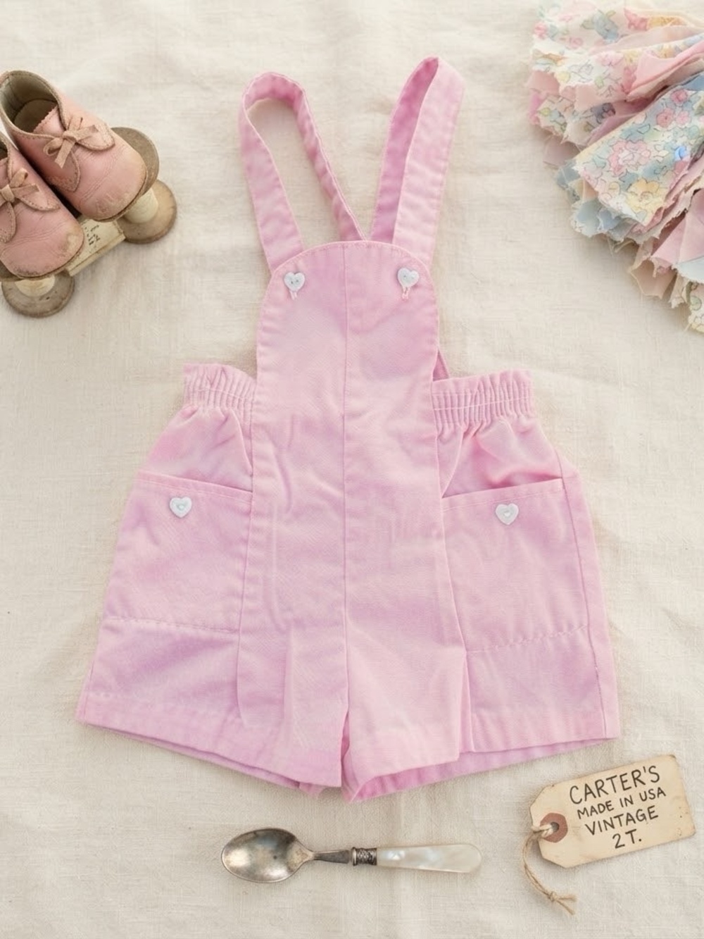 Vintage Carter's Baby Girl Pink Denim Shortalls –Size 2T– USA – Heart Buttons